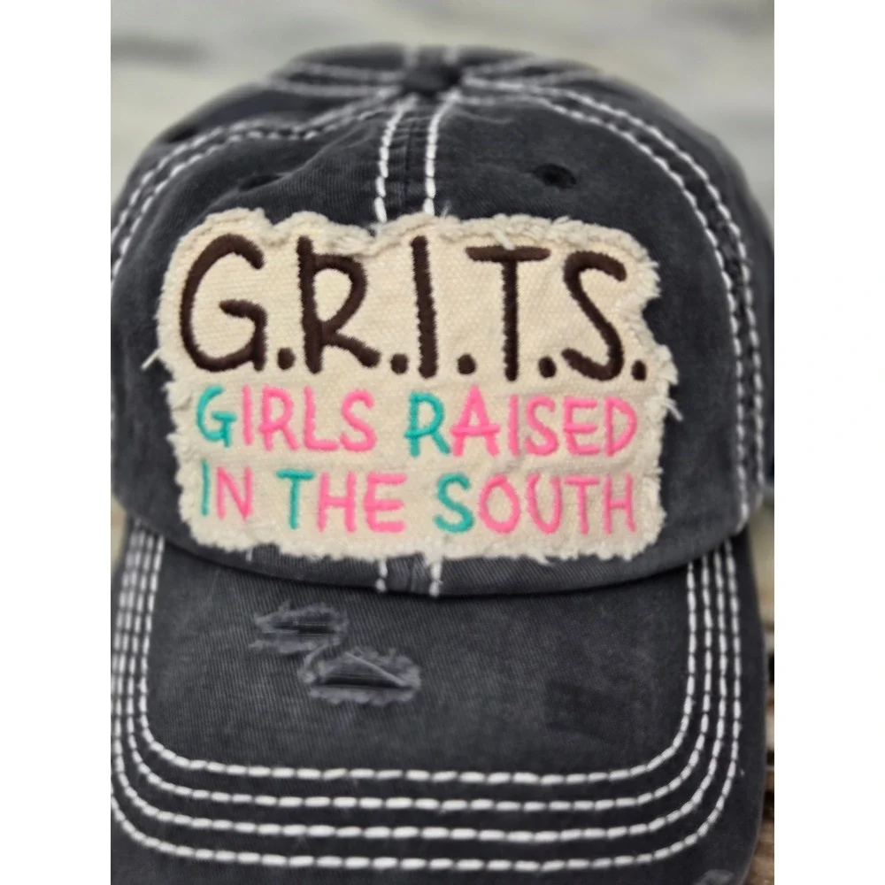 KBETHOS Vintage‎ GRITS Girls Raised In The South Distressed Baseball Cap Gray